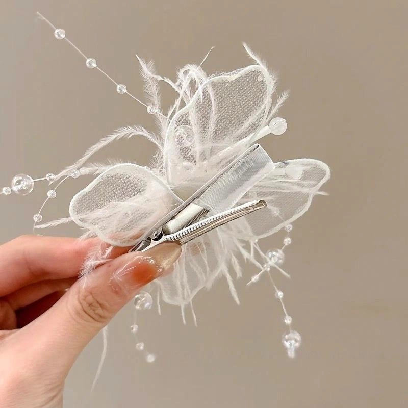 水中玉 超仙高级感羽毛蝴蝶发卡侧边鸭嘴夹甜美气质发饰刘海夹 合金 发夹 女款