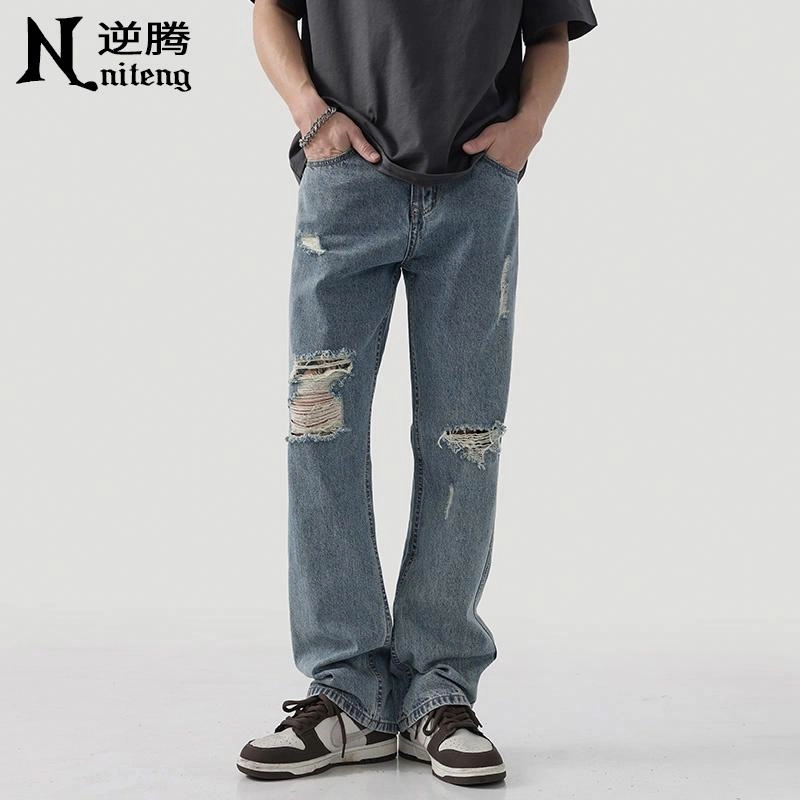 逆腾 美式高街破洞直筒牛仔裤 男款 蓝色