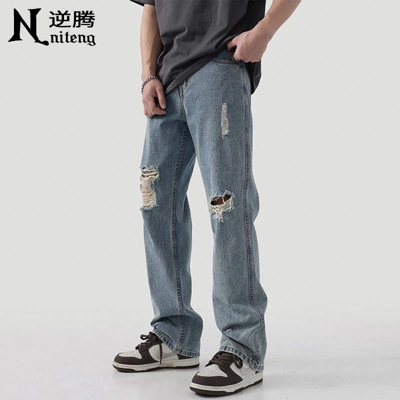 逆腾 美式高街破洞直筒牛仔裤 男款 蓝色