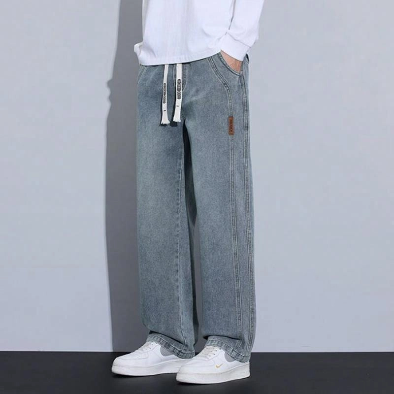 羽浅 美式复古刺绣系带抽绳做旧垂感宽松直筒牛仔裤 男女同款