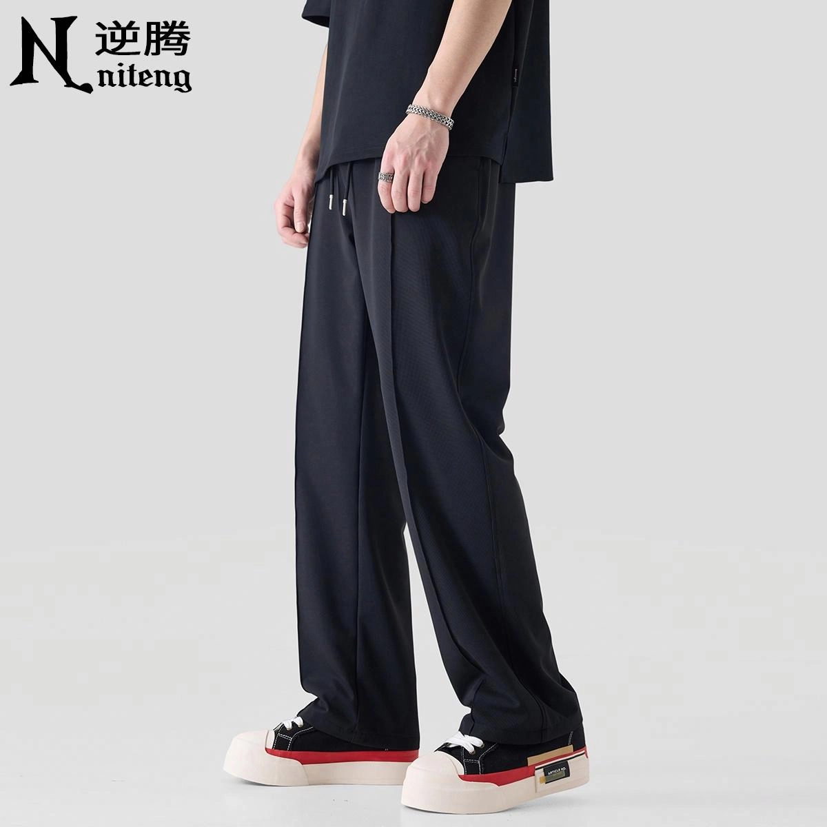逆腾 潮牌纯色垂感直筒阔腿休闲裤 男款 黑色
