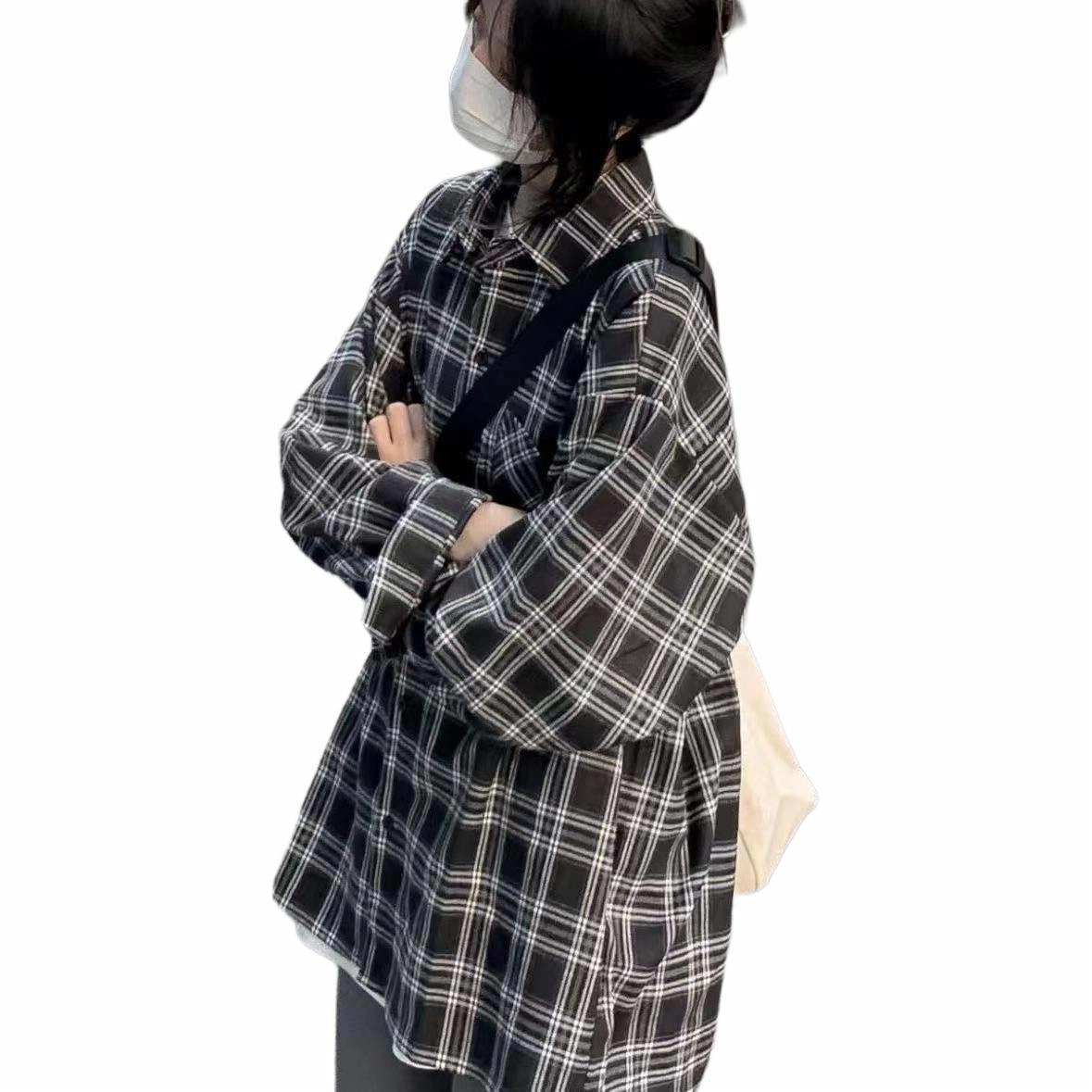 曼城 美式高街复古学院风基础款条纹格子简约宽松百搭休闲高级感翻领长袖衬衫 男女同款