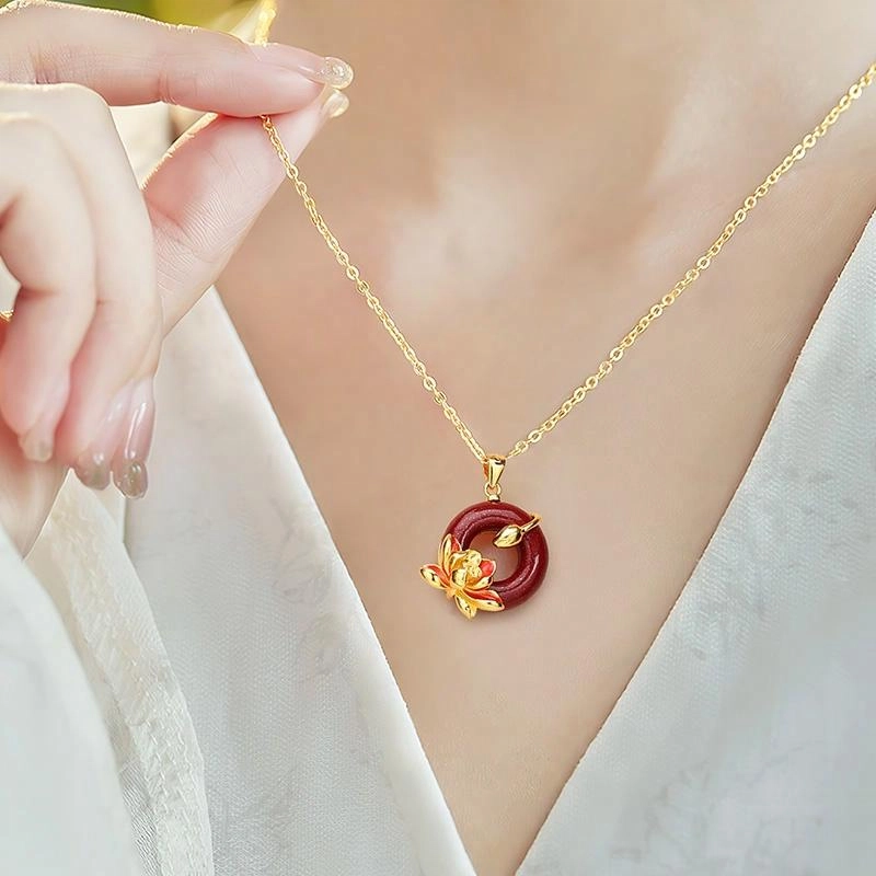 【好运莲莲】 央创时尚 荷荷美美平安扣锁骨链 新中式轻奢古风小众莲花百搭气质再造辰砂 朱砂 项链 女款