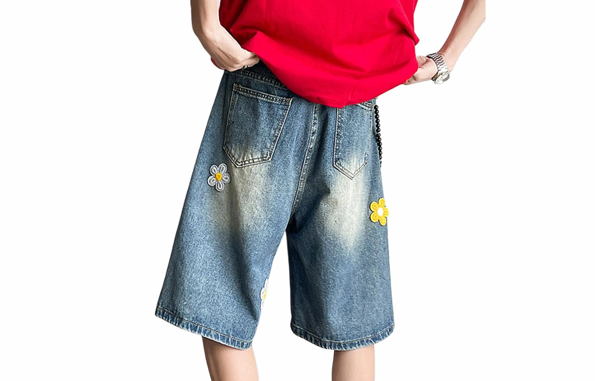 徐太浪 刺绣花卉字母设计潮流宽松百搭休闲五分牛仔短裤 男女同款