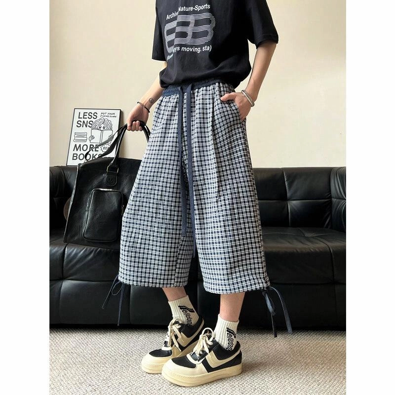 臣目 美式复古蓝色格子七分裤男夏季宽松慵懒风休闲短裤直筒阔腿裤短裤 男款