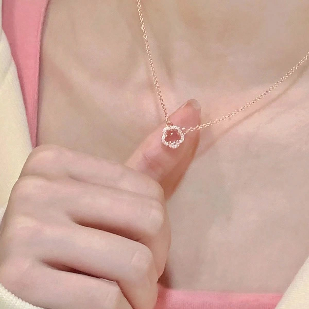 品彩 桃花 福气满满#好运 粉水晶 项链 女款