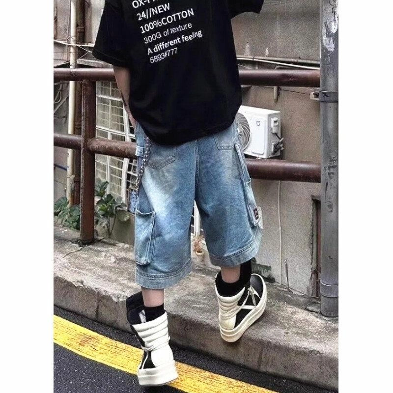 沃马 美式高街宽松时尚百搭简约潮流牛仔短裤 男女同款 蓝色