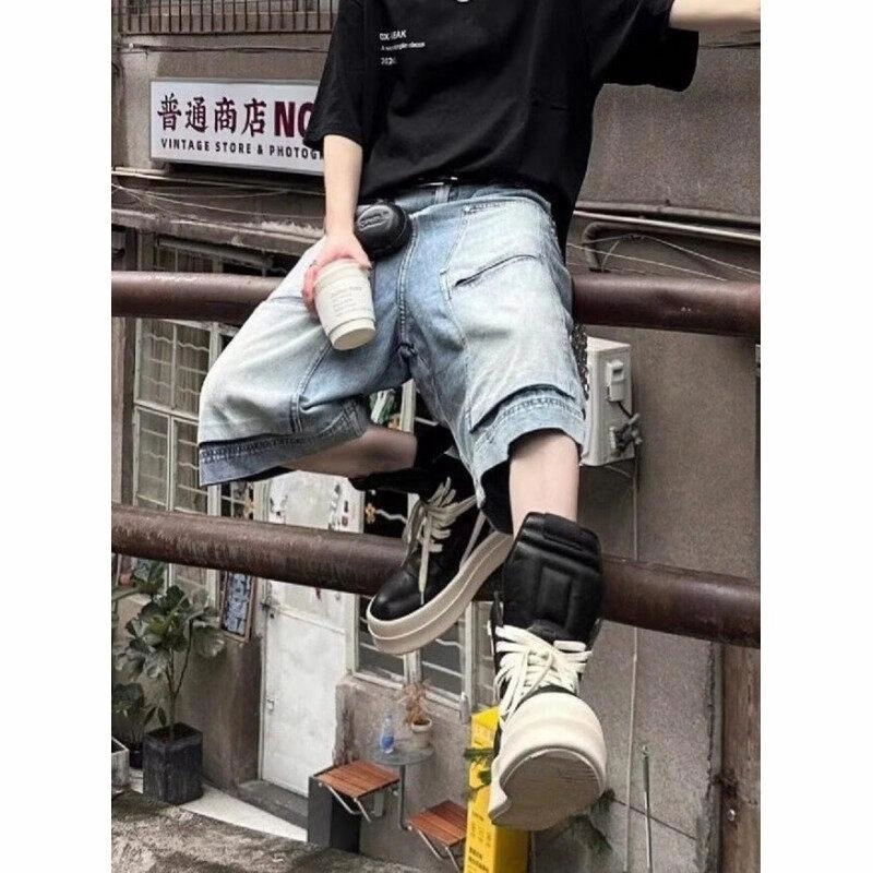沃马 美式高街宽松时尚百搭简约潮流牛仔短裤 男女同款 蓝色