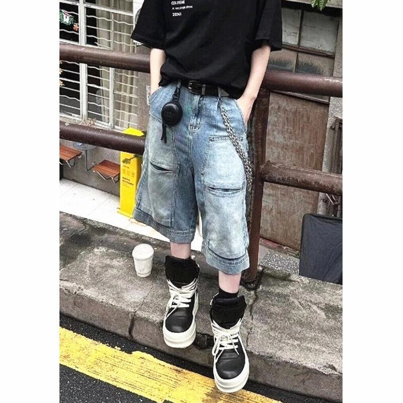沃马 美式高街宽松时尚百搭简约潮流牛仔短裤 男女同款 蓝色