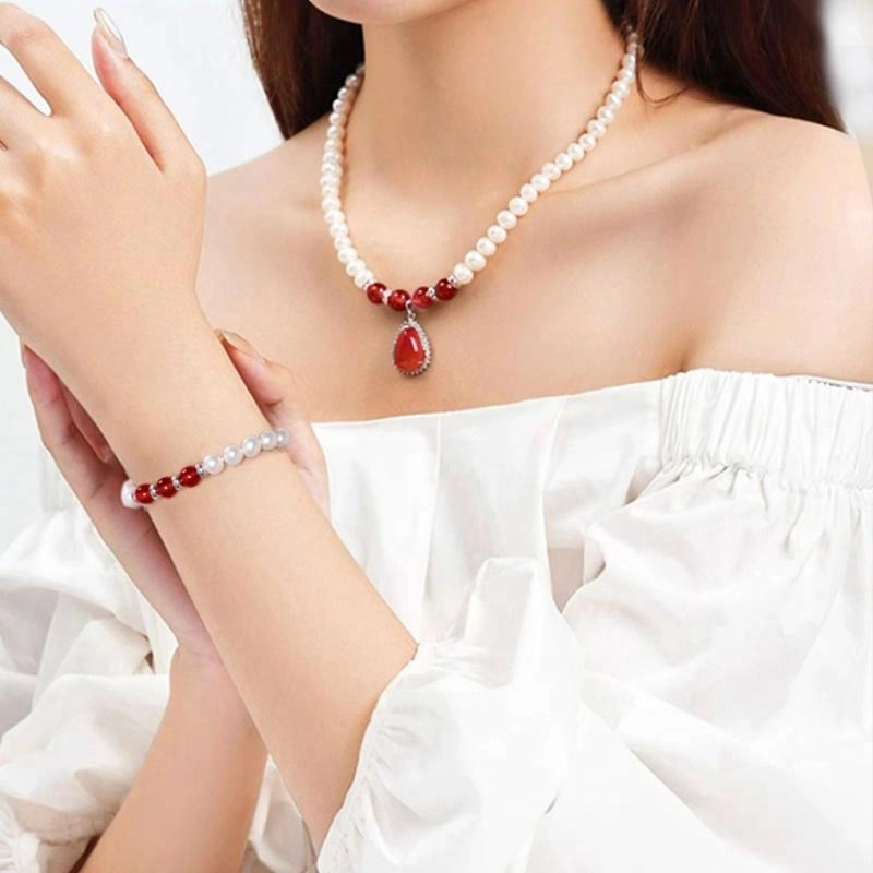 贝诗珠宝 绿玉髓吊坠手链耳钉三件妈妈套装锁骨链  淡水珍珠 项链毛衣链 女款