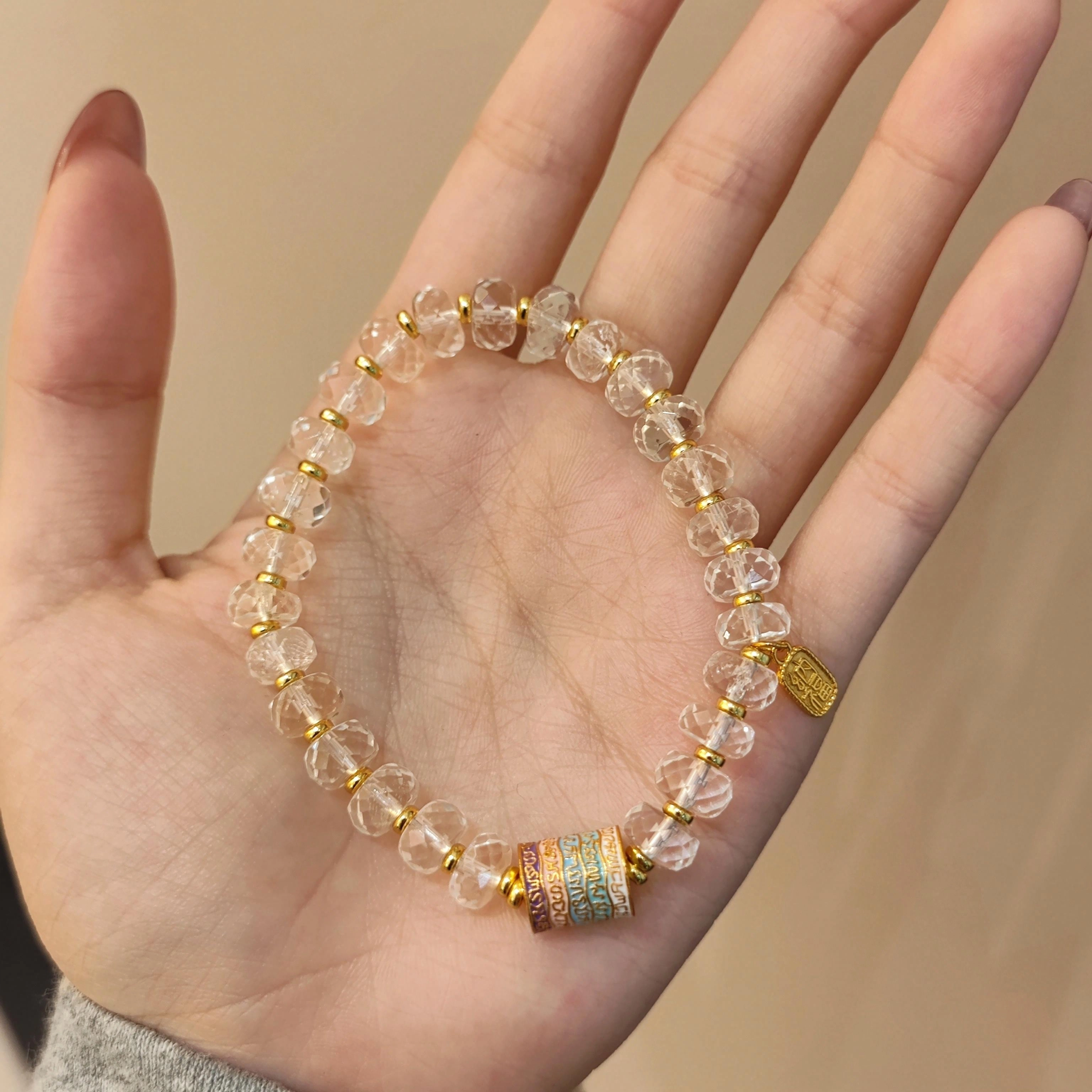 金杰福 棱面 蓝彩红刻字柱浮雕转运天然 白水晶 手串 女款