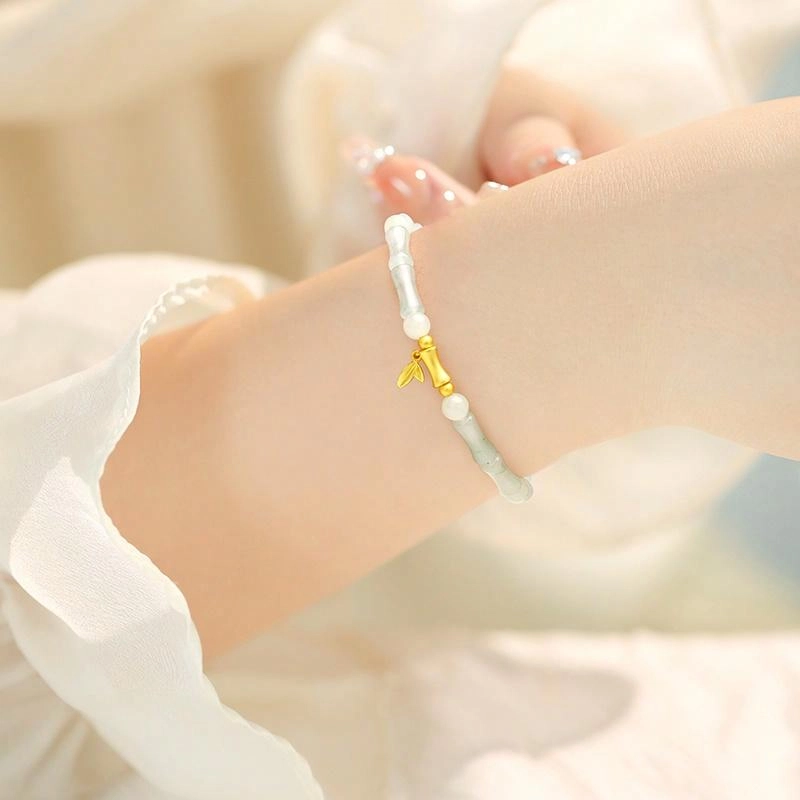 央创时尚 中国黄金【节节高升】竹报平安竹节 新中式国潮小众设计 轻奢夏天通勤百搭#好运天然 天山翠 手串 女款
