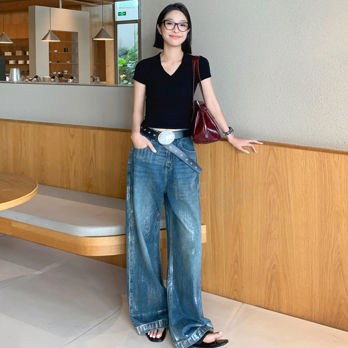 美洋  极简真皮沙滩平底方头人字拖鞋 女款