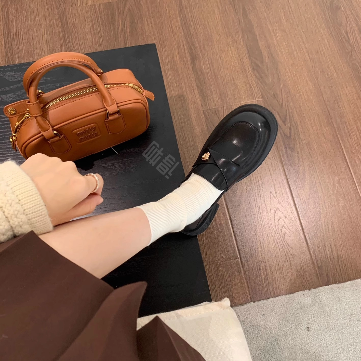 兰缪 超纤皮 英伦 学院风 乐福鞋 厚底 女 黑色