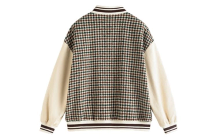 茵曼 格纹拼接立领棒球服 女款 米棕格