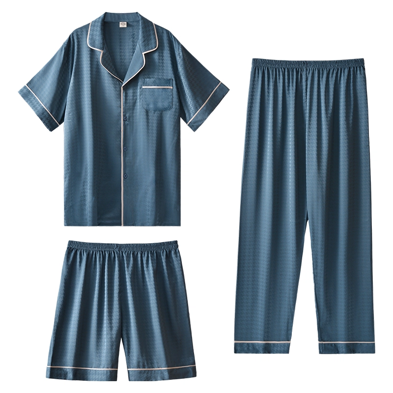 棉基因 夏季冰丝短袖三件套睡衣 翻领开衫千鸟格家居服套装 男款 灰绿色