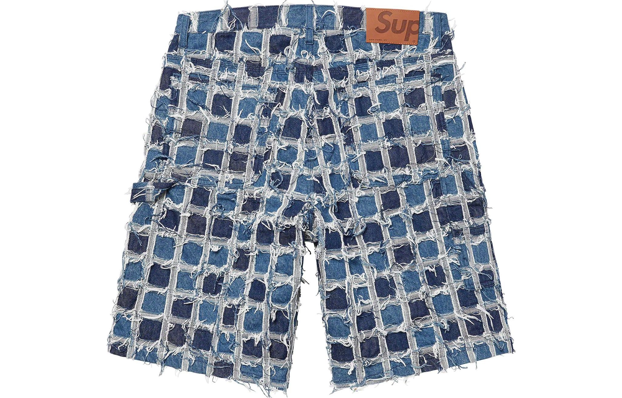 Supreme SS23 WEEK16 FRAYED PATCHWORK BAGGY DENIM SHORT logo