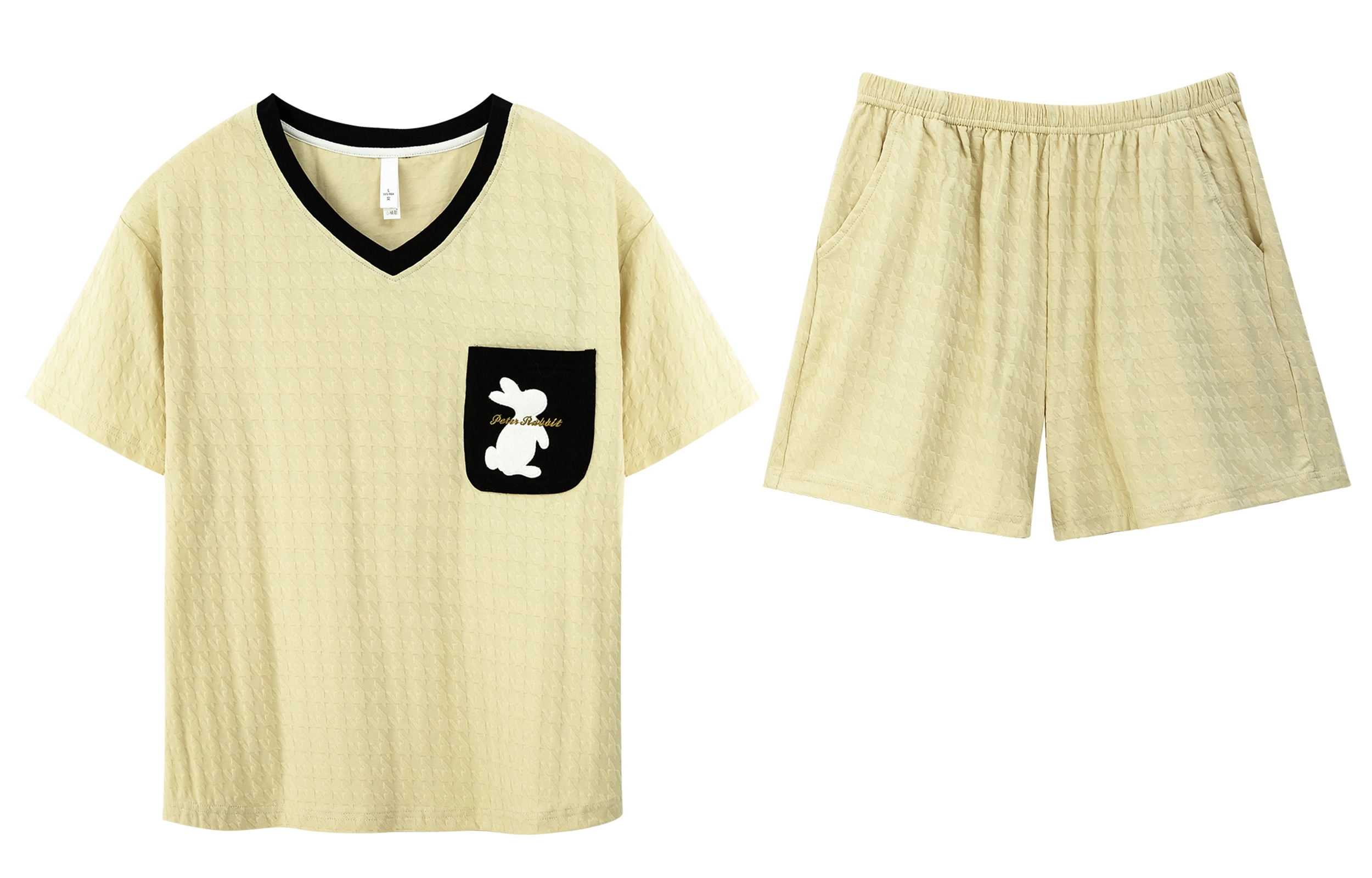 小情歌 家居服睡衣 短袖短裤睡衣女夏季家居服女夏款纯棉家居套装 千鸟格压纹兔子刺绣图案口袋设计 女款 米白色