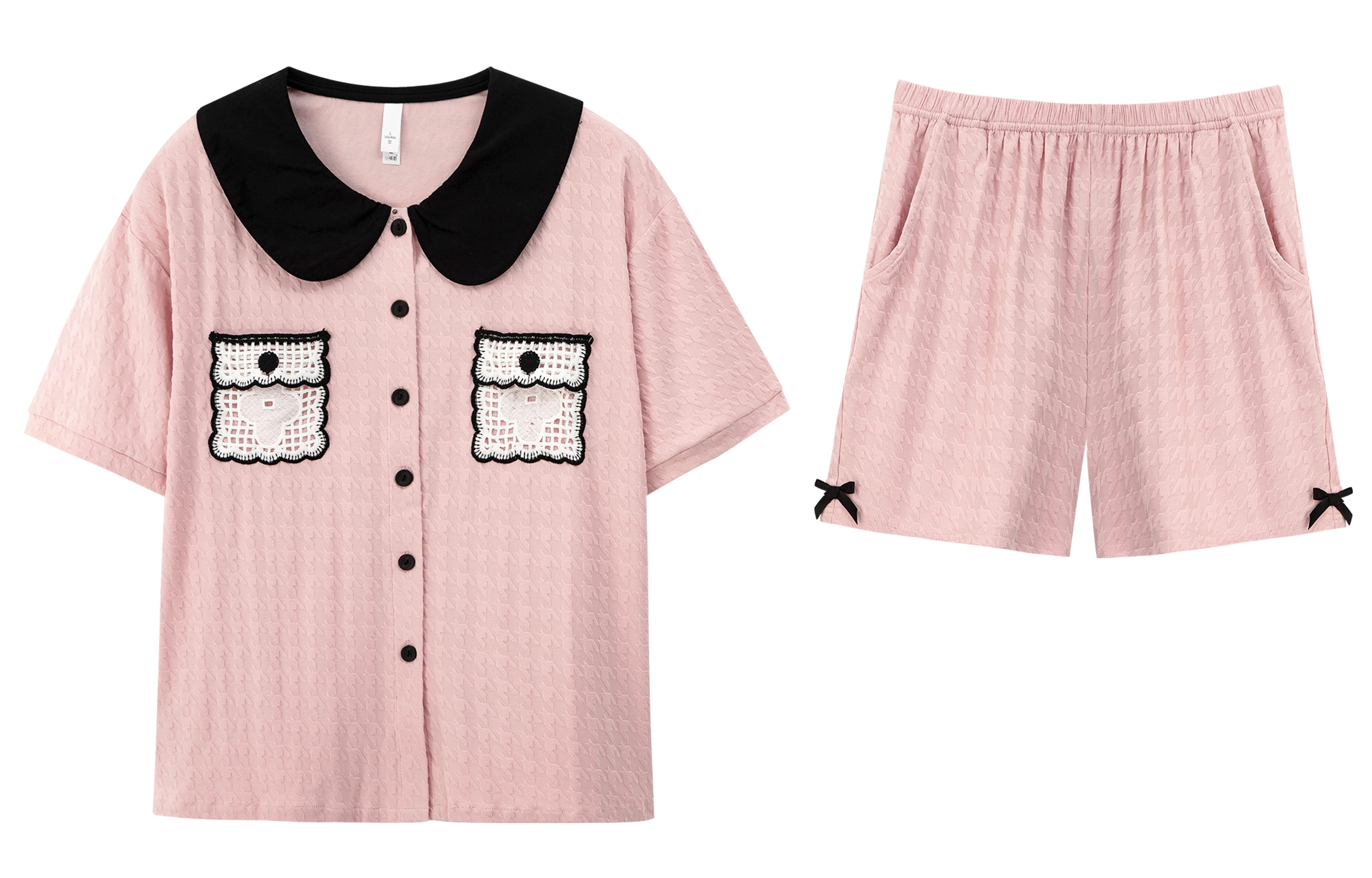 小情歌 家居服睡衣 短袖短裤睡衣女夏季家居服女夏款纯棉家居套装 千鸟格压纹双口袋设计 女款 粉红色