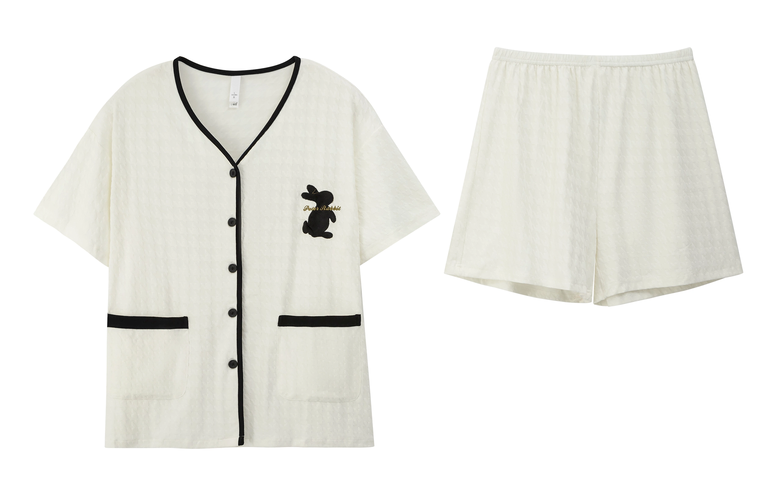 小情歌 家居服睡衣 短袖短裤睡衣女夏季家居服女夏款纯棉家居套装 千鸟格压纹兔子图案刺绣设计 女款 白色
