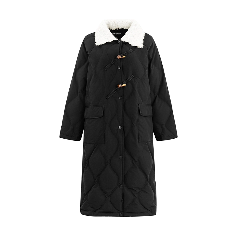 初语 毛绒领菱格纹复古长款过膝加厚外套羽绒服 女款