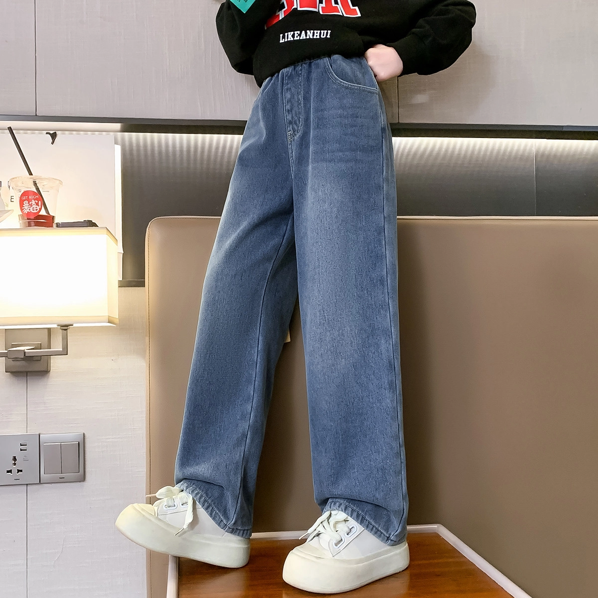 唐狮童装 纯色加绒松紧腰宽松直筒休闲牛仔裤 儿童款 藏青色
