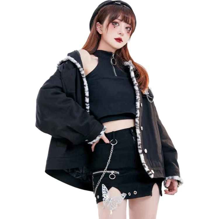 御茶家 蝴蝶风暴 豹纹拼接撞色毛领加厚短款棒球服夹克外套 女款 黑