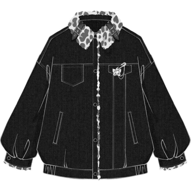 御茶家 蝴蝶风暴 豹纹拼接撞色毛领加厚短款棒球服夹克外套 女款 黑