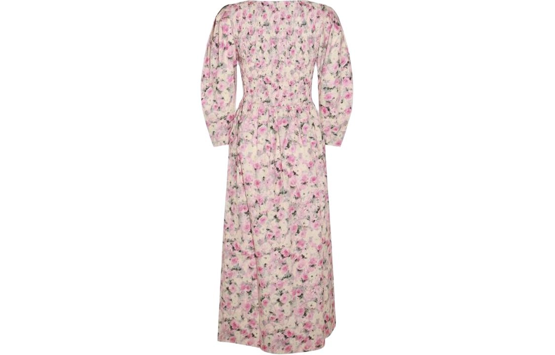 GANNI Printed Cotton Open-Neck Smock Long Dress