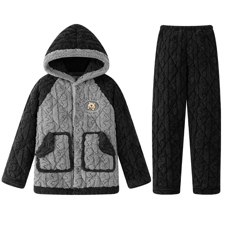 怀尔蔚 珊瑚绒加绒三层夹棉简约休闲超厚保暖可外穿家居服睡衣套装 男款