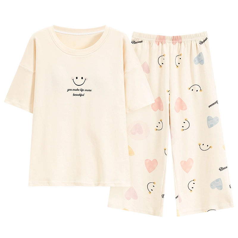 花季的故事 带胸垫睡衣女夏季纯棉短袖七分裤女士家居服可外穿天甜美韩版套装  女款  杏色