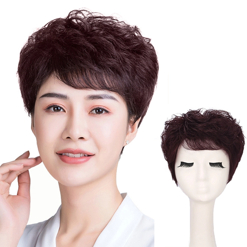 时影 假发 真发假发套 发妈妈假发女短发卷发 纹理头套遮白发增发量