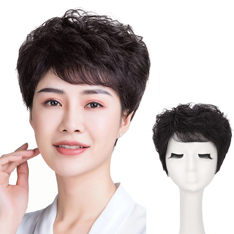 时影 假发 真发假发套 发妈妈假发女短发卷发 纹理头套遮白发增发量
