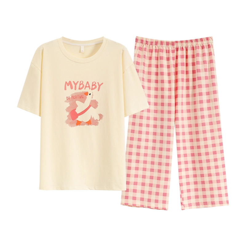 睦隆世家 短袖纯棉可外穿七分裤拉架爽棉甜美家居服睡衣套装 女款