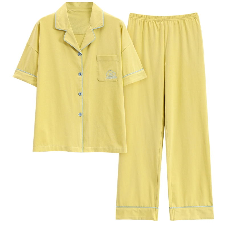帕兰朵 简约亲肤舒适翻领短袖开衫休闲可外穿家居服长裤睡衣套装 女款 绿黄色