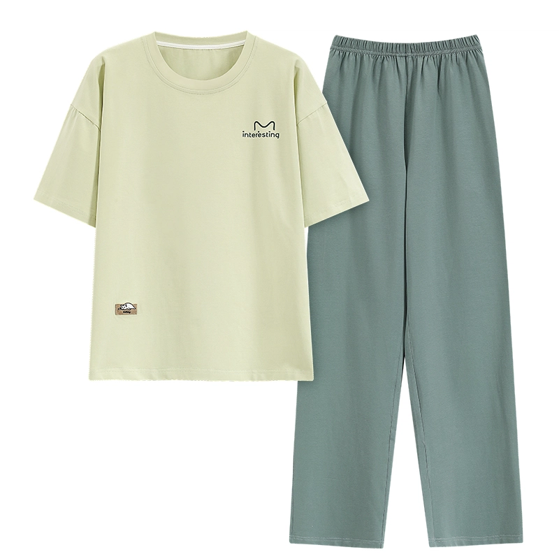 帕兰朵 夏天薄款休闲简约短袖舒适透气亲肤长裤时尚可外穿家居服睡衣套装 女款 黄绿色