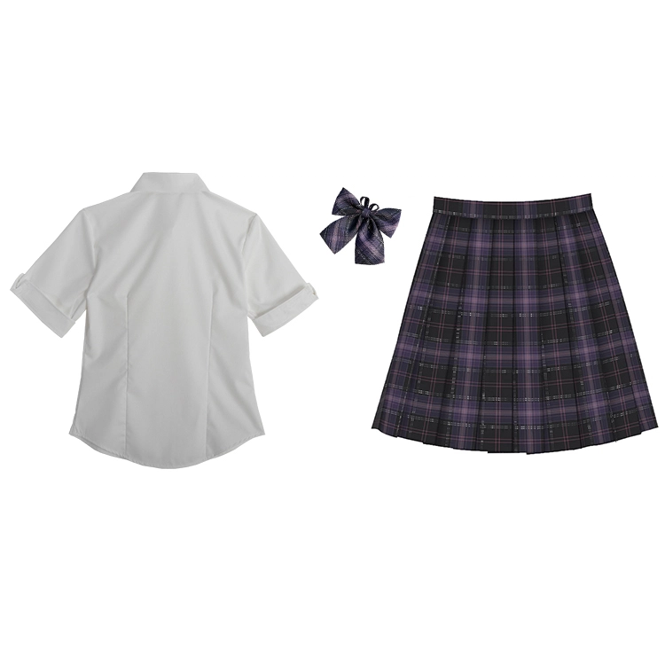 兔半眠 纯色尖领短袖衬衫配领结格子半身短裙制服 女款