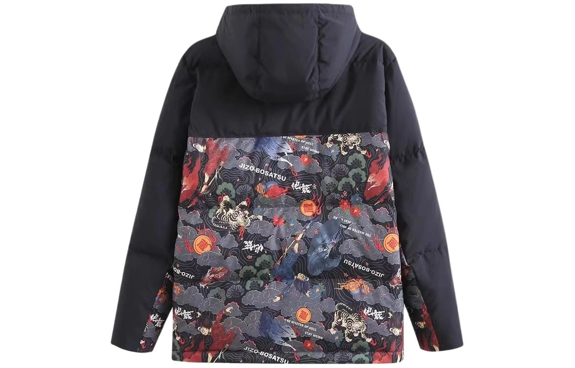 鬼洗 印花图案连帽长袖羽绒服 男款 黑色