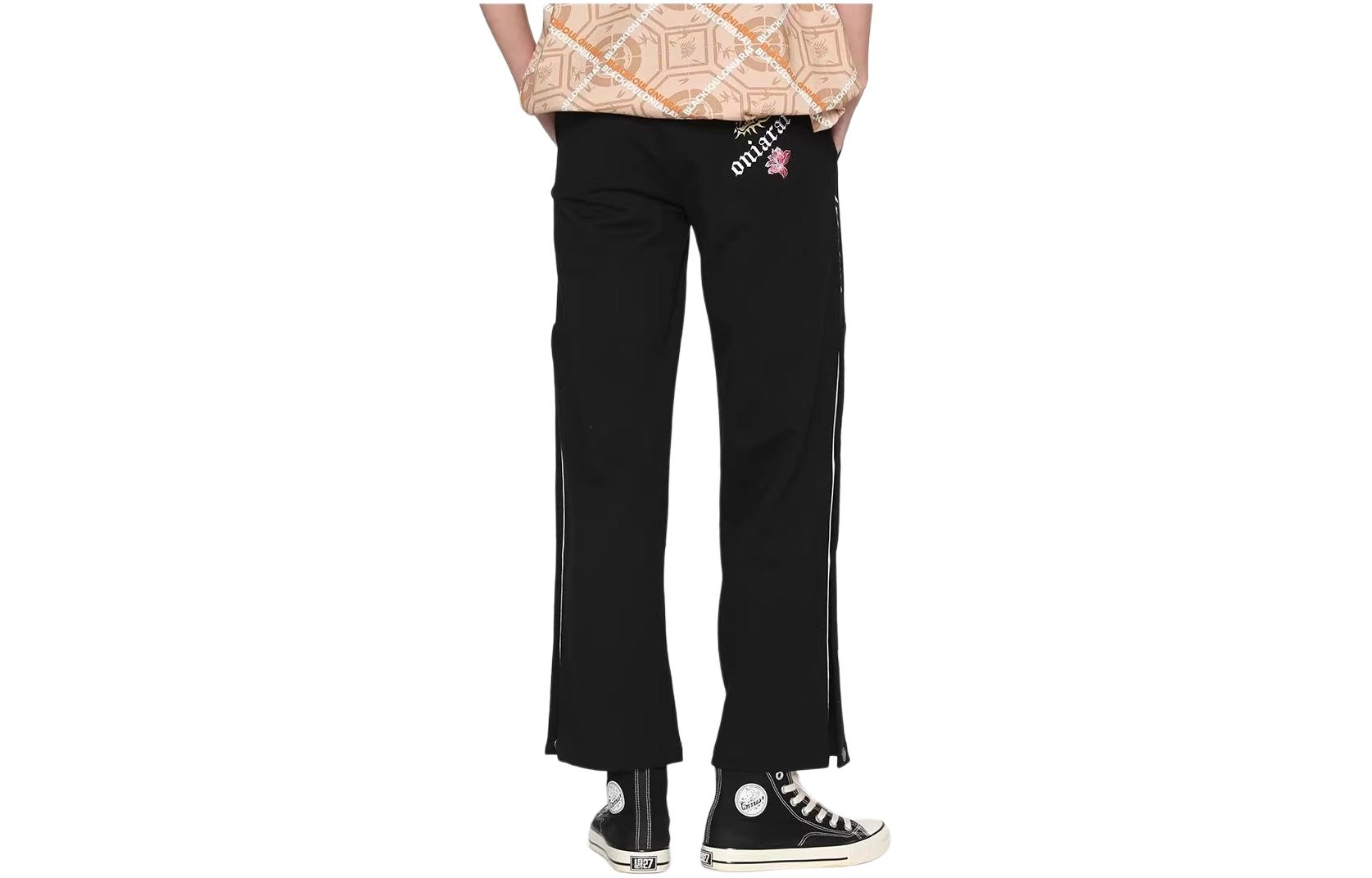 鬼洗 字母花卉刺绣合身中腰喇叭休闲裤 女款 黑色