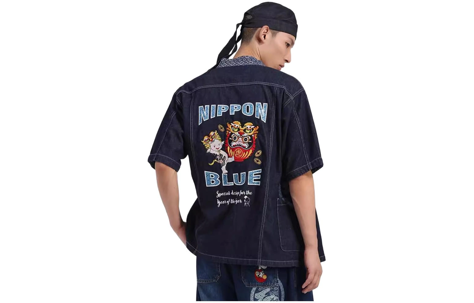 鬼洗 字母动物图案刺绣宽松短袖衬衫 男款 蓝色