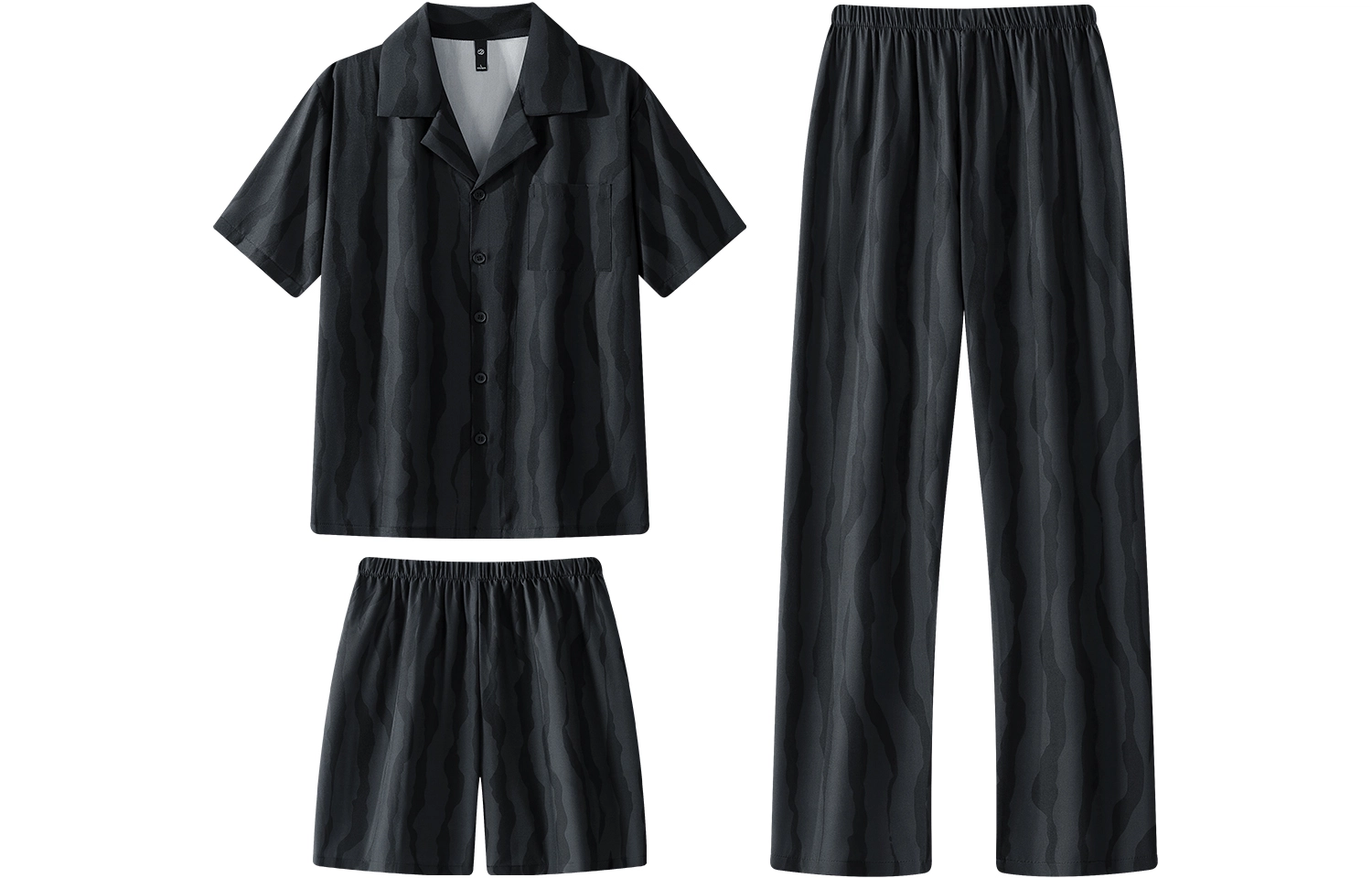 宫蝶 凉感冰丝三件套家居服短袖长裤薄款衫条纹休闲大码开衫舒适睡衣套装 男款 黑色