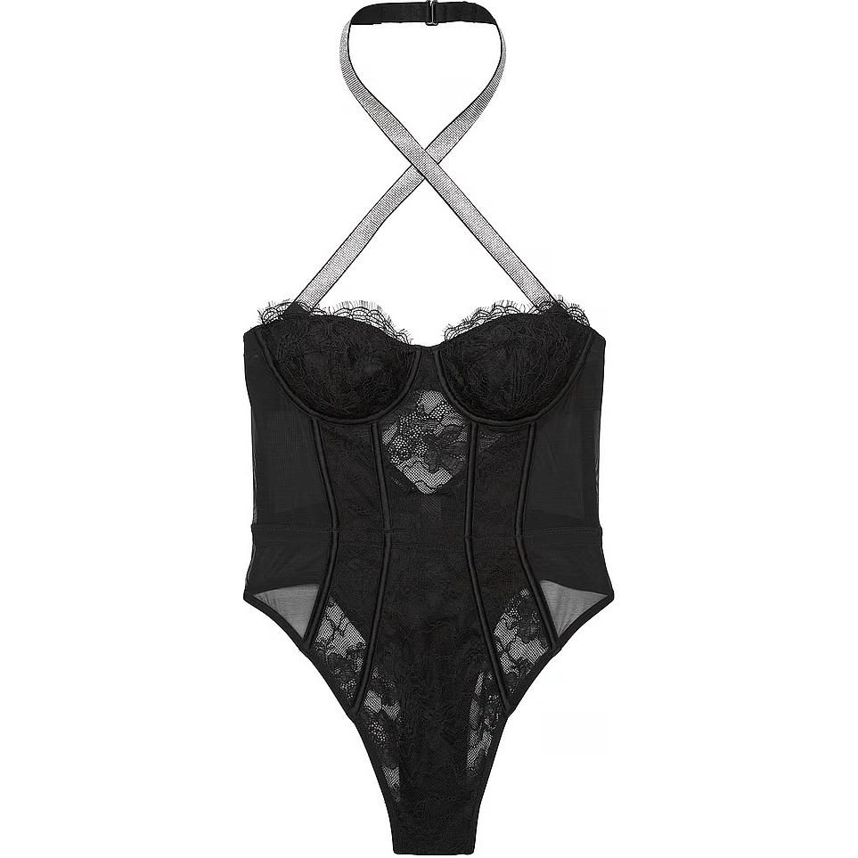 Victoria's Secret PINK VERY SEXY Shine Strap Halter Lace Teddy Black