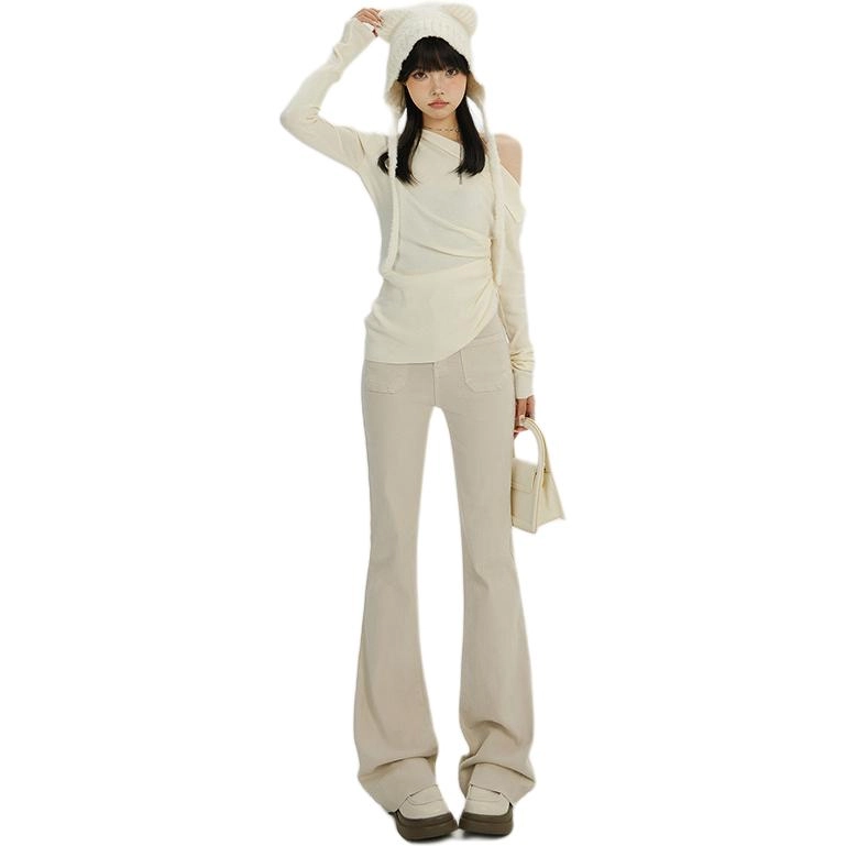 玫丝朵 高腰简约舒适纯色休闲牛仔裤 女款 杏色