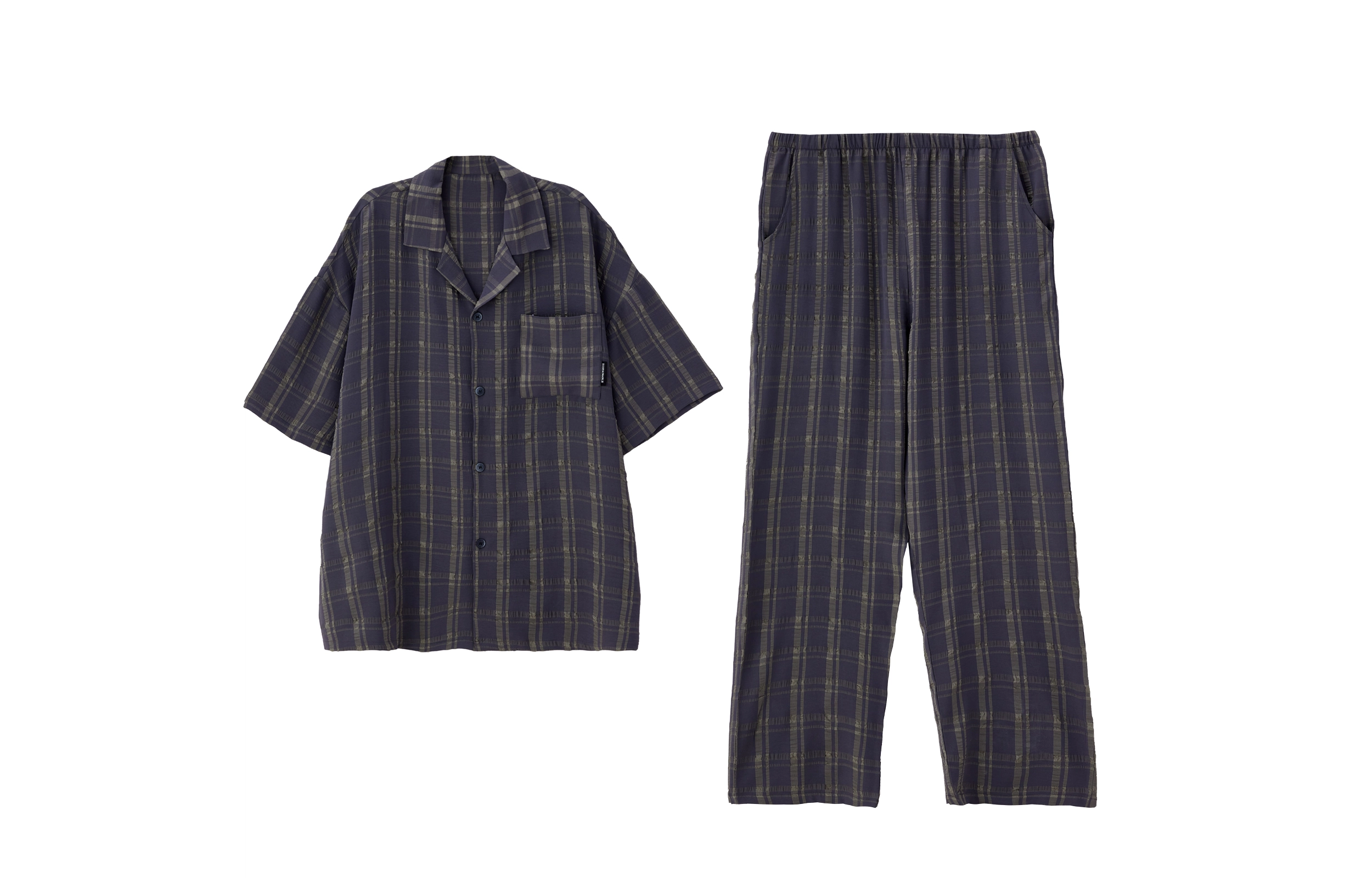俏薇妮 简约翻领复古薄款短袖松紧腰长裤家居服格子休闲可外穿睡衣套装 男款 藏蓝色
