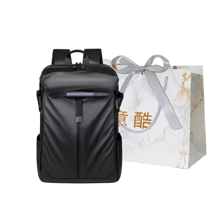 意酷 商务旅行纯色百搭 皮膜 双肩包 男款 黑色