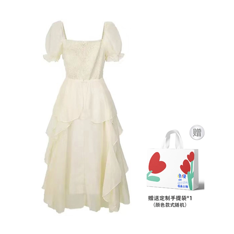 珠蒂美 法式温柔风荷叶边方领收腰长款雪纺森系仙女裙海边约会必备短袖连衣裙 女款