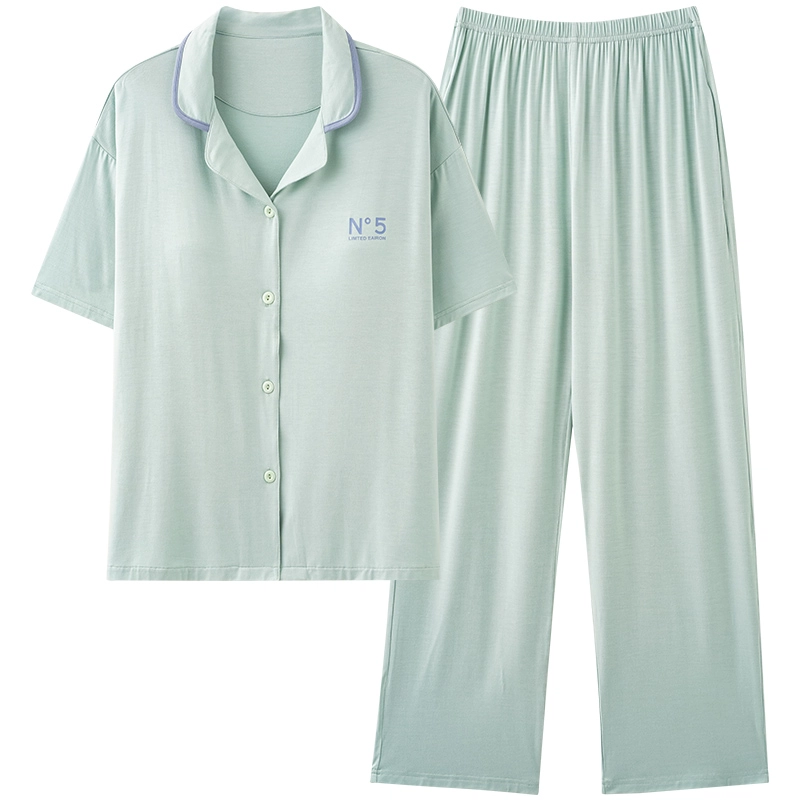 帕兰朵 开衫翻领带胸垫短袖长裤简约莫代尔家居服夏季睡衣套装 女款