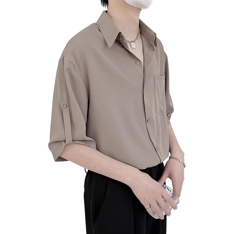 美式高街感纯色复古简约侧边袖口扣带设计宽松百搭休闲垂感长袖衬衫 男女同款