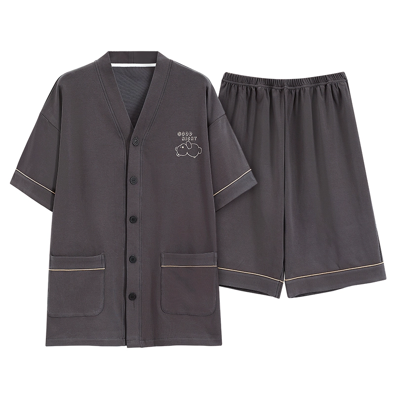 俏霓桐 纯色短袖开衫家居服简约舒适休闲宽松可外穿五分短裤睡衣套装 男款 深灰