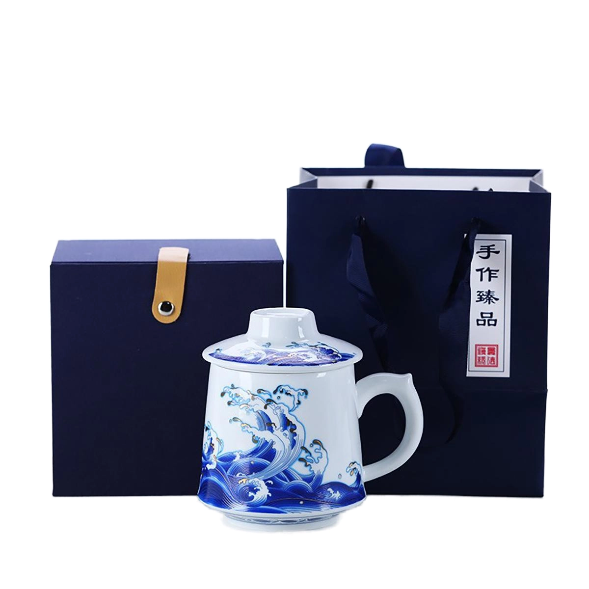 鹏博陶瓷  景德镇陶瓷茶杯过滤杯茶水离带盖家用马克杯青花瓷喝茶杯子办公杯